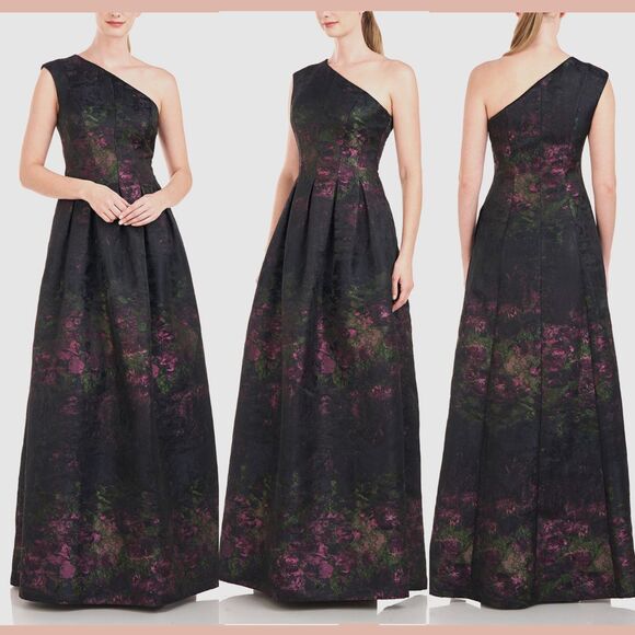 NEW $398 Kay Unger [ 16 ] Jacquard Cara One-Shoulder‎ Gown Midnight Multi